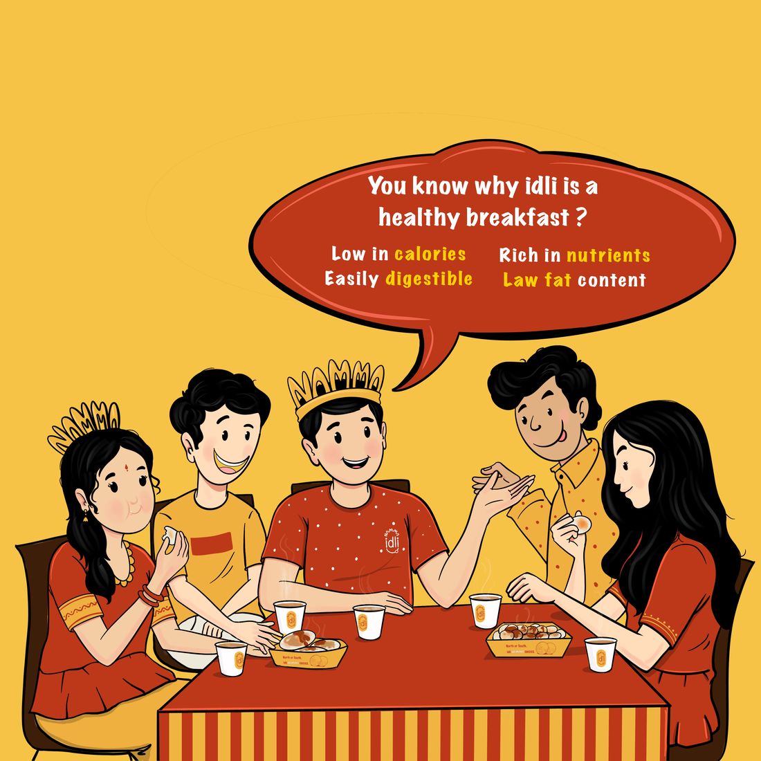 Friends sharing idli and filter coffee at a Namma Idli table