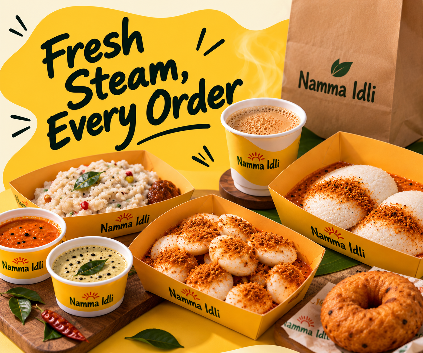 Fresh Steam, Every Order — Namma Idli menu collage